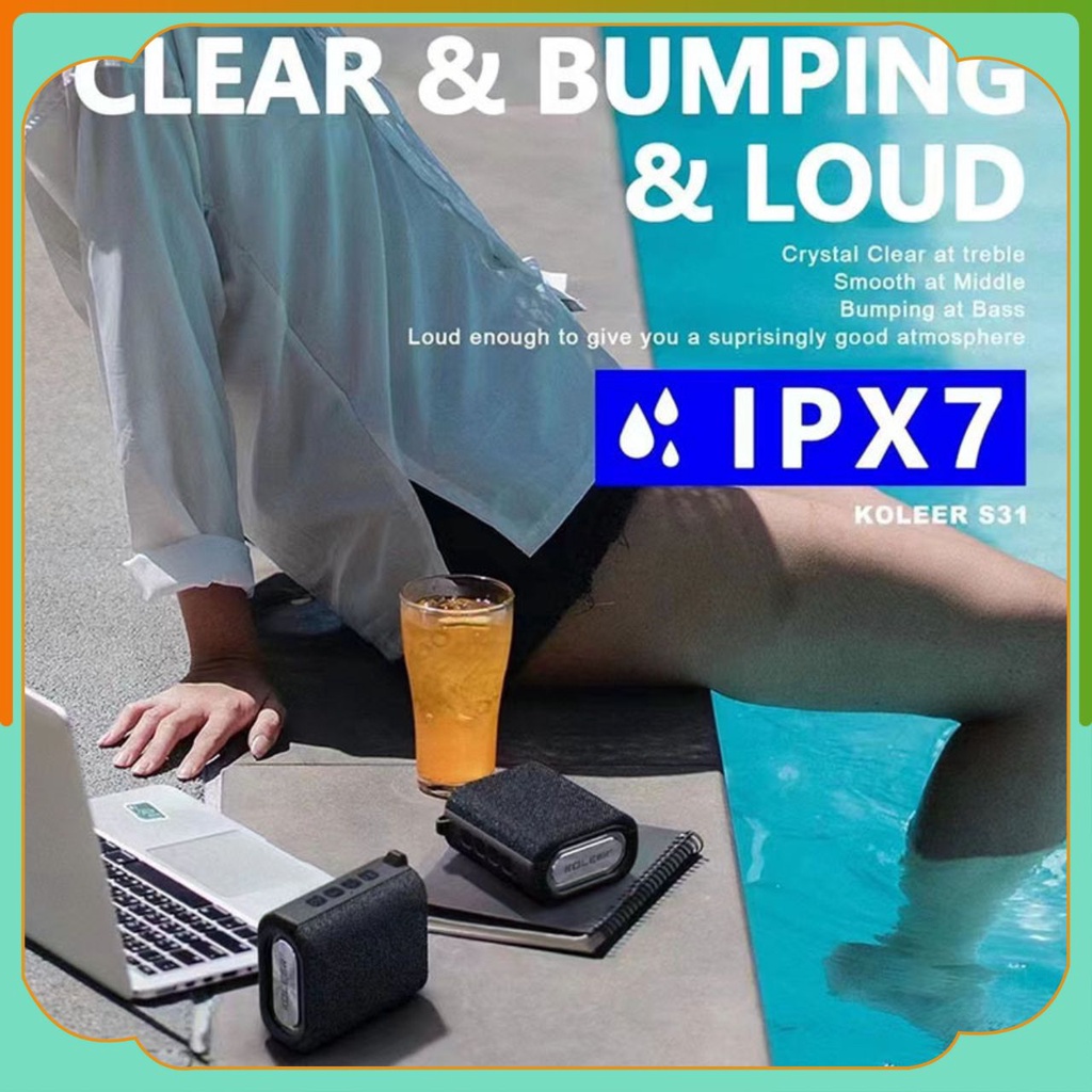 Loa bluetooth mini Koleer S31, loa chống nước IPX7 âm thanh sống động cho máy tính laptop pc. bh 6 tháng