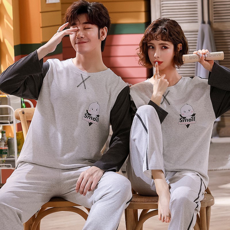 ﹉Couple pyjama nữ cotton mùa xuân thu đông size lớn dài tay nam phục vụ sinh viên mặc nhà có thể đi chơi