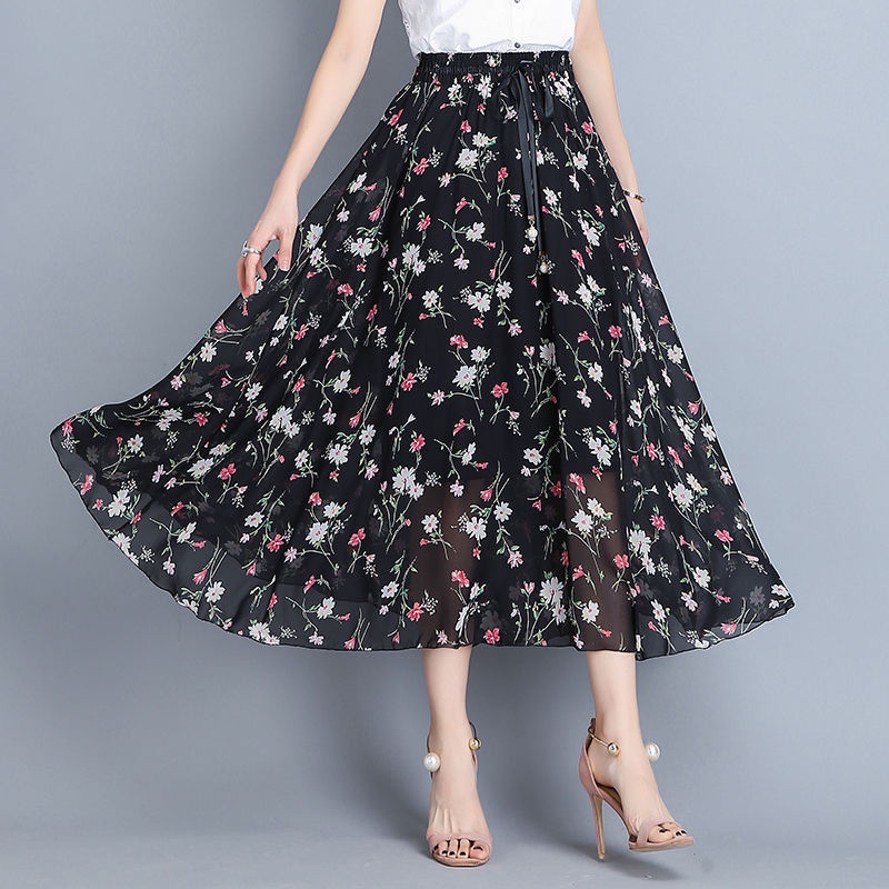 Chiffon Floral Skirt  long skirt, high waist and thin A-line skirt, printed skirt, large swing skirt, mid-length skirt