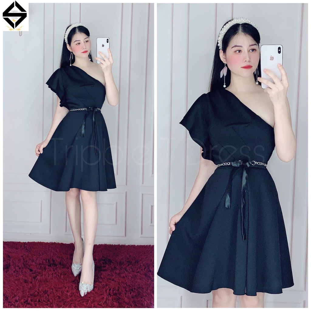 Đầm dự tiệc lệch vai form ngắn tặng kèm đai eo y hình TRIPBLE T DRESS - size M/L/XL - MS154V