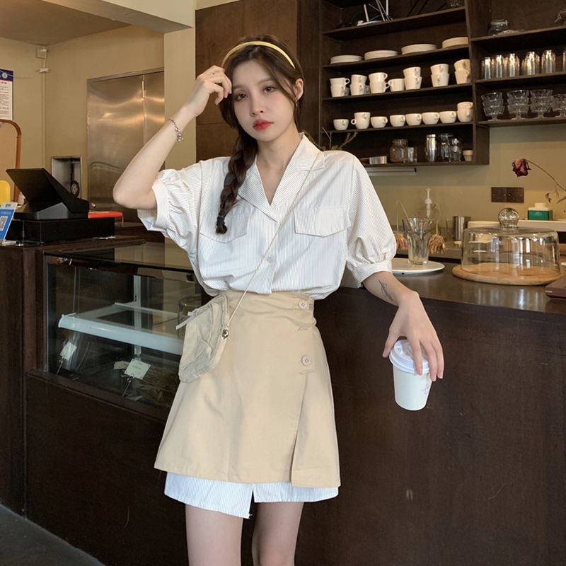 Set Áo Sơ Mi Tay Ngắn Dáng Rộng Kẻ Sọc + Chân Váy Đen Mini Size S-3Xl Thời Trang Mùa Hè Cho Nữ | BigBuy360 - bigbuy360.vn