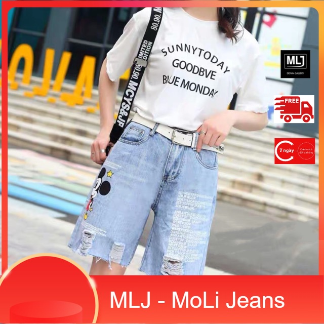 Quần jean ngố / lửng / 5 tấc BIG SIZE lưng cao, rách bụi đẹp, in hình Micky bảng chữ ngộ nghĩnh ZZ Molijean