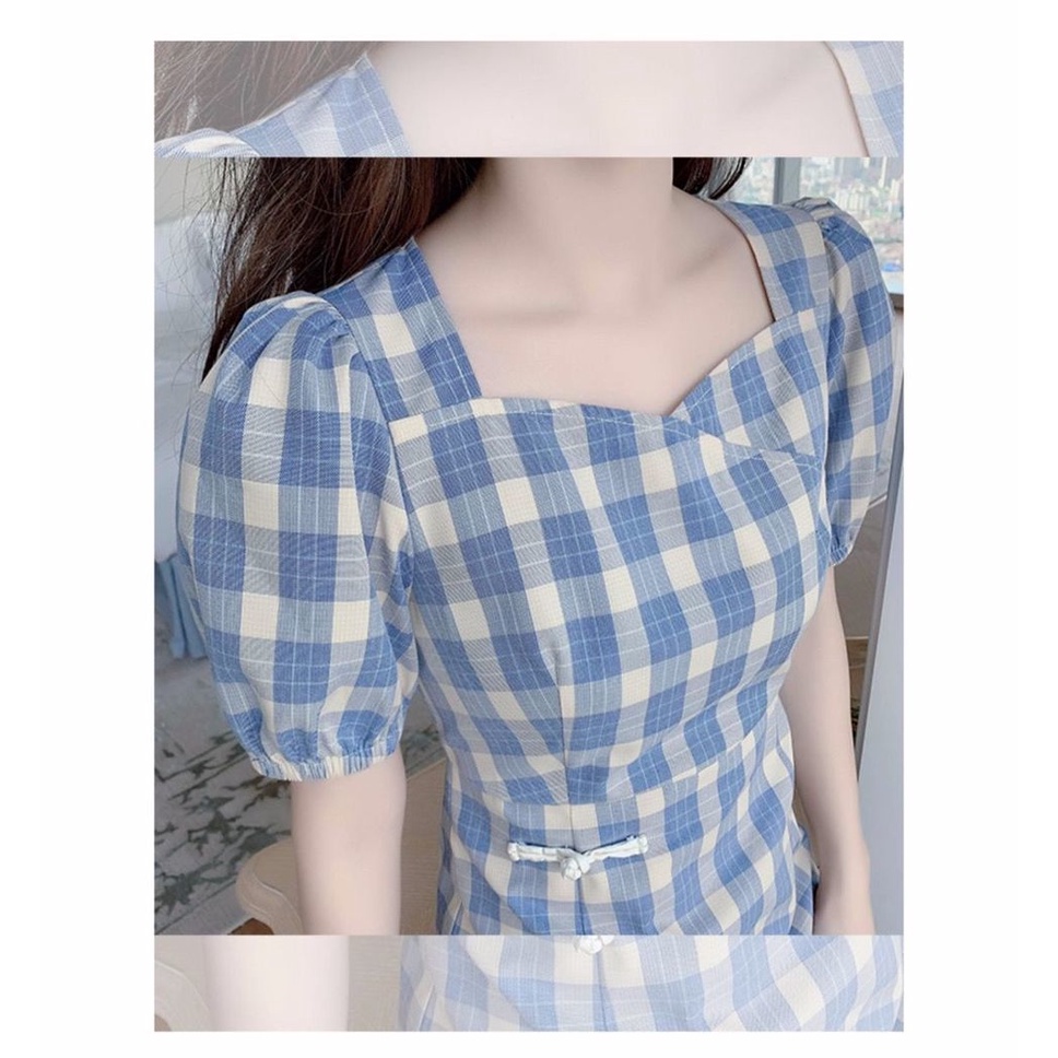Đầm sườn xám chiều dài vừa phải ôm eo vừa vặn kẻ sọc caro xanh lam retro mới mùa hè