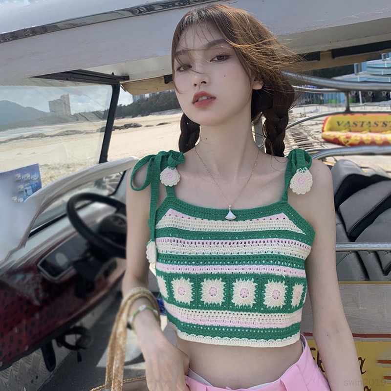 Áo Tank Top Dệt Kim Sát Nách Hoạ Tiết Hoa Cúc Cho Phái Nữ