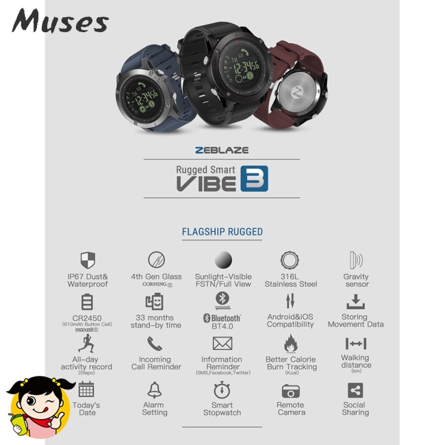 Muse07 Đồng hồ thông minh đa năng Zeblaze VIBE3 thời gian chờ 33 tháng sử dụng 24 giờ