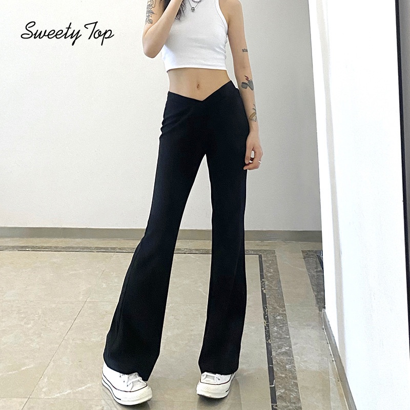 Sweetytop Quần Dài Lưng Cao Ống Rộng Màu Đen Thời Trang Cho Nữ
