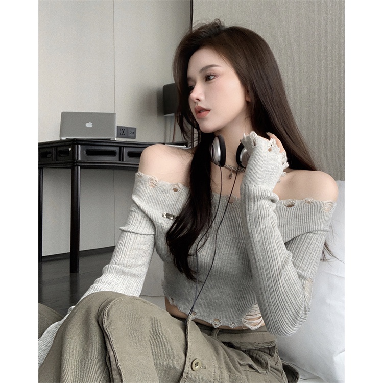 Áo sweater Dệt Kim Mỏng Màu Trơn Trễ Vai Thiết Kế Rách Cá Tính