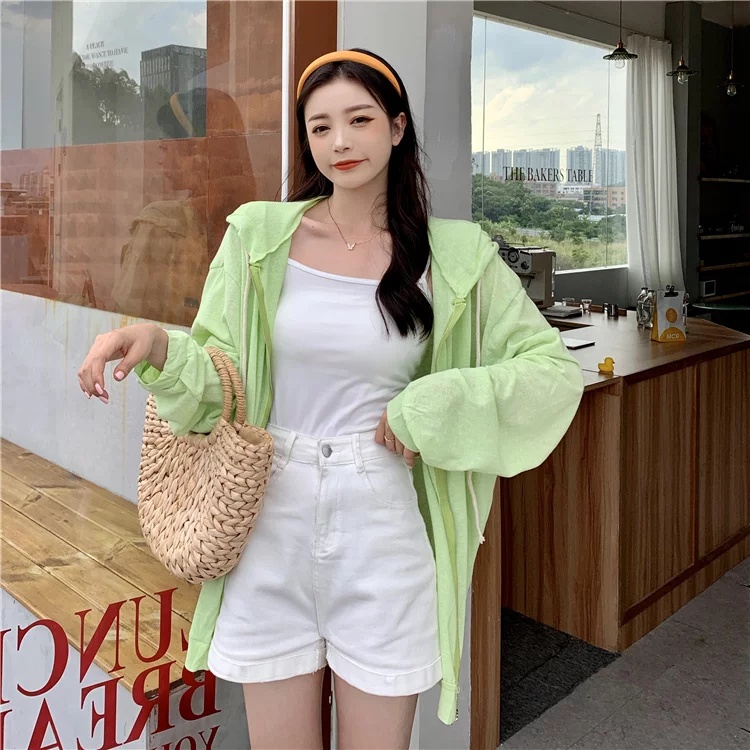 Áo khoác thể thao dáng rộng có mũ trùm và khóa kéo màu trơn thời trang trẻ trung cho nữ