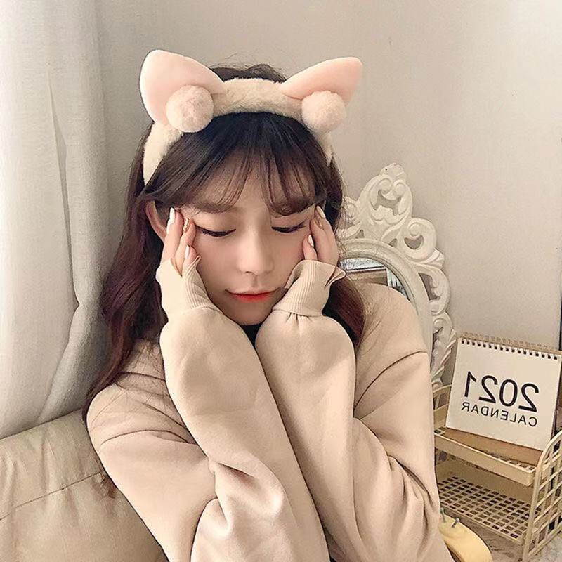 Cài tóc băng đô rửa mặt phủ lông mịn tai mèo cục bông xinh xắn DTONLINE