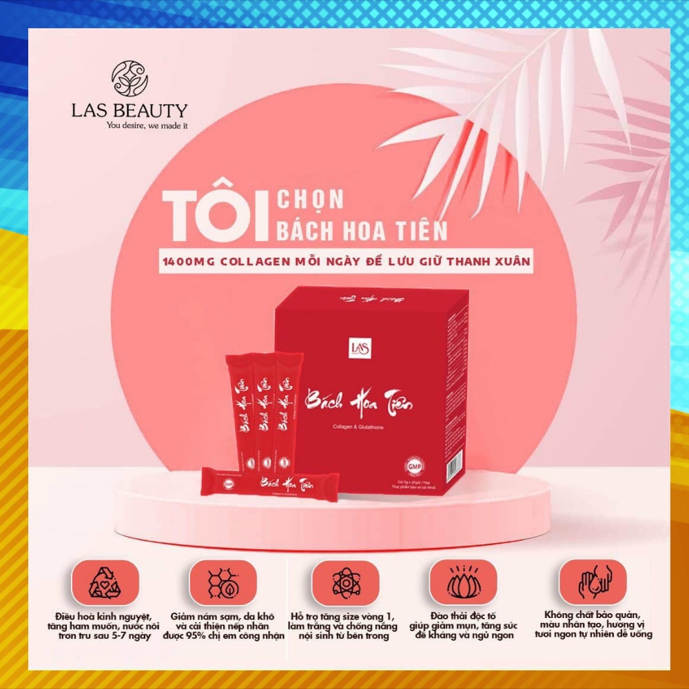 Collagen, Collagen lựu đỏ, Cốm uống đẹp da bách hoa tiên, thực phẩm chức năng, Las Beauty, Hộp 20 gói