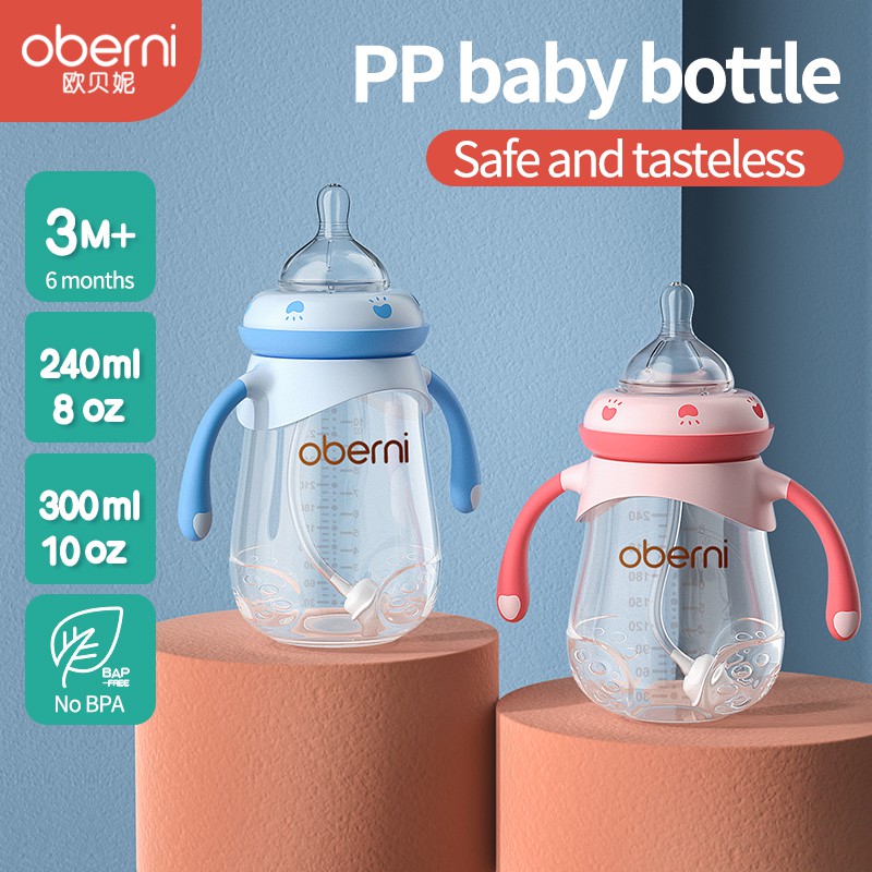Bình sữa Oberni từ nhựa PP cổ rộng chống rơi và chống đau bụng 240ml 300ml tùy chọn màu sắc cho bé