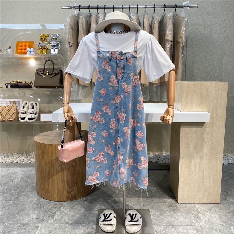 Yếm jeans bò hoạ tiết hoa dáng dài HOT TREND