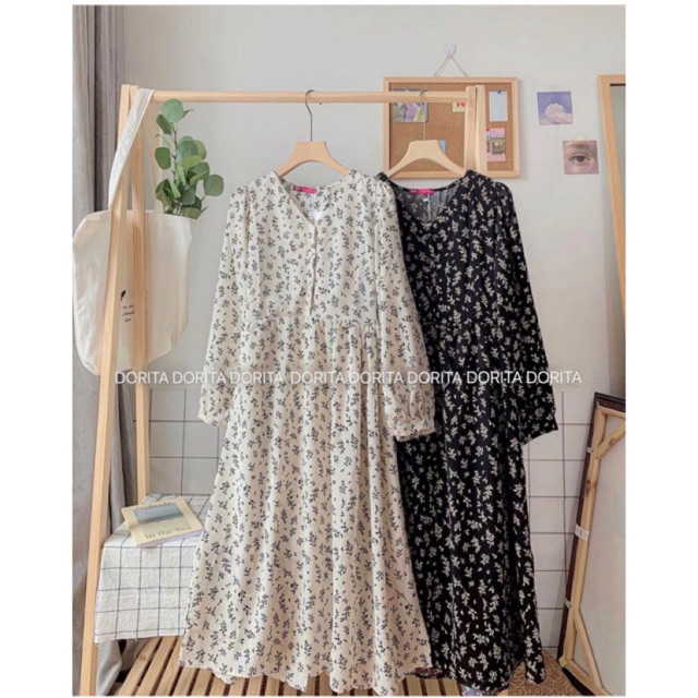 Váy hoa nhí vintage dáng dài, váy hoa vintage mùa thu, đầm hoa vintage