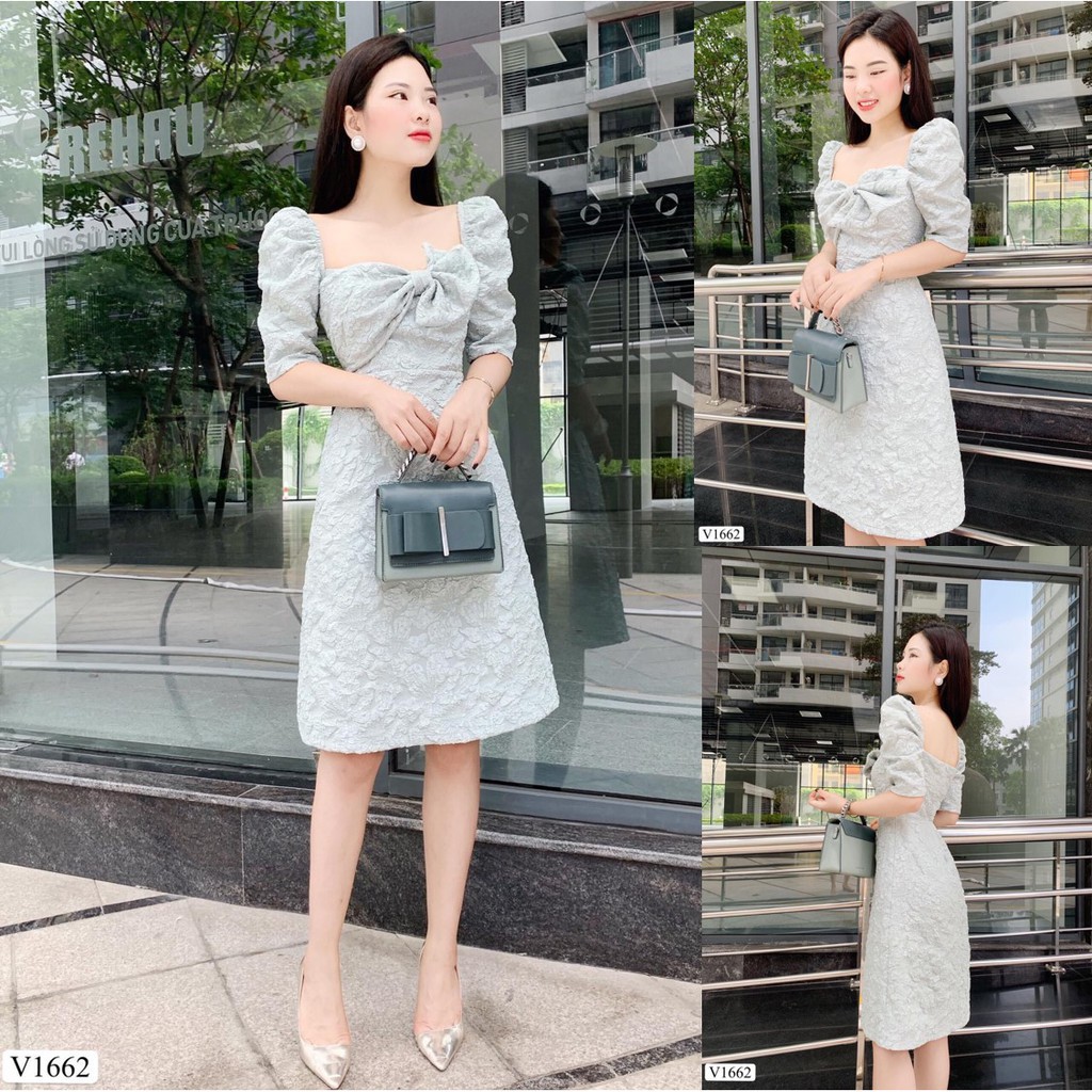 Đầm dự tiệc 💕 Đẹp DVC 💝 Váy xanh hoa phối nơ ngực vải gấm V1662