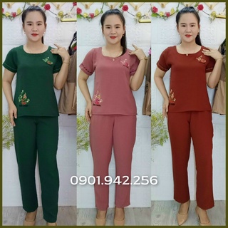 Đồ Bộ Mặc Nhà Cho Mẹ Đồ bộ trung niên ống nhỏ Vải Đũi thêu Hoa CB02