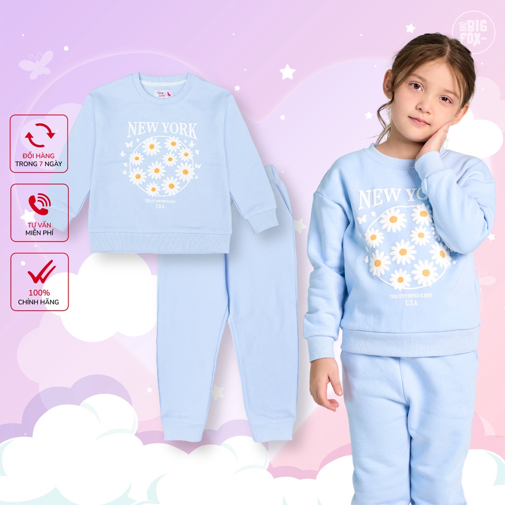 Bộ thu đông bé gái Bigfox Miss Meow size đại, bộ nỉ bông cho bé in hoa cúc New York size trẻ em 7,8,9..,11 tuổi
