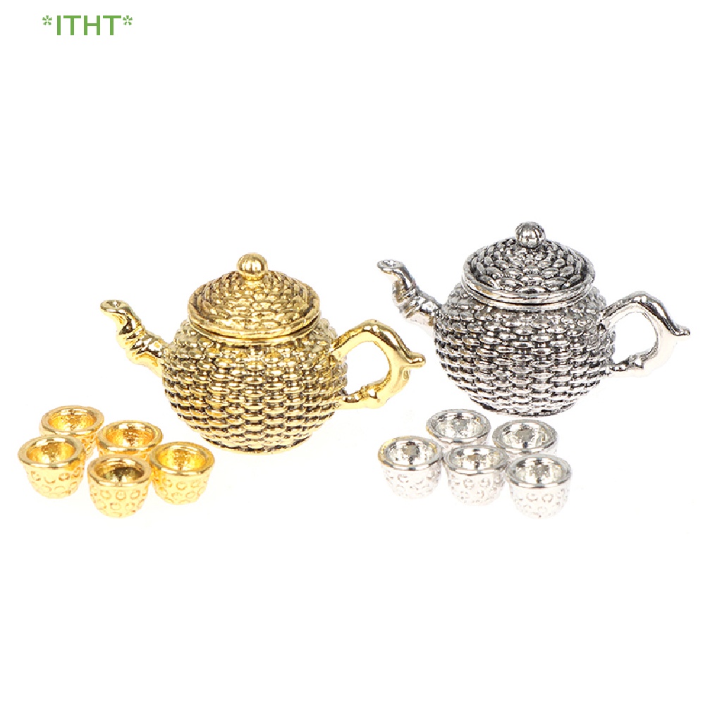 Bộ 6 Ấm Trà Mini Tỉ Lệ 1: 12 Cho Nhà Búp Bê Kèm 5 Tách Trà Và Nắp Đậy Mới