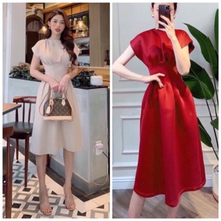 Đầm đỏ tay con xếp li eo