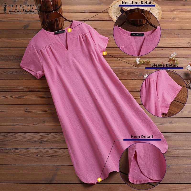 Đầm ZANZEA cotton ngắn tay cổ chữ V thời trang nữ