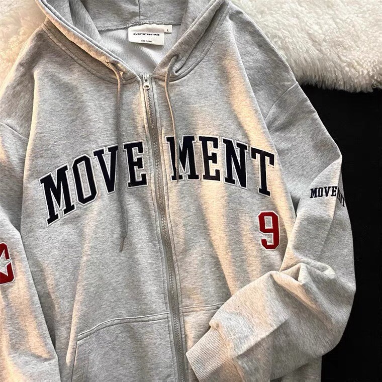 Áo Khoác Hoodie Kéo Khóa Zip Thêu chữ Movement Màu Đen Chất Vải Nỉ Bông