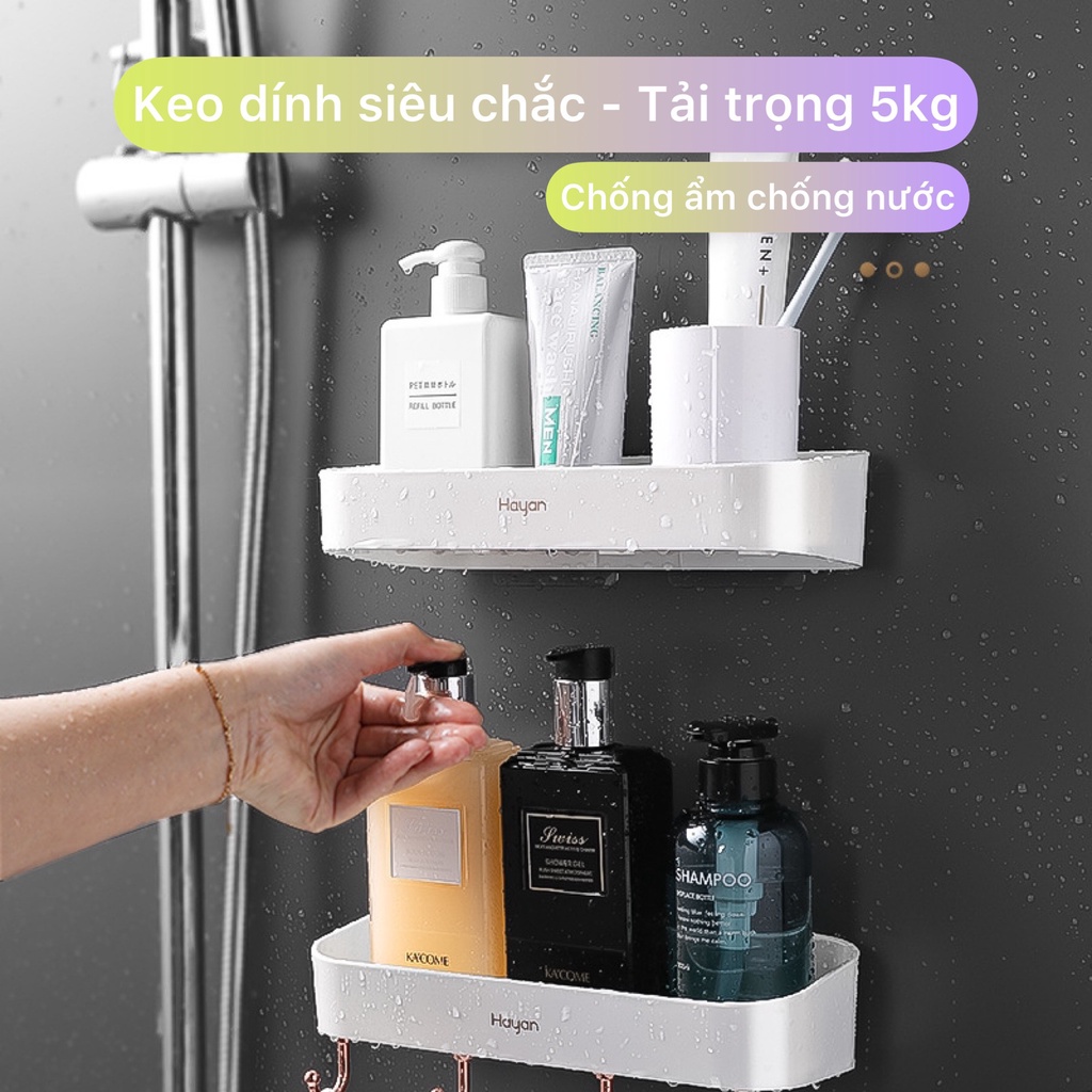 Kệ góc dán tường để đồ nhà tắm, nhựa ABS cao cấp kèm móc treo , chữ nhật để dầu gội sữa tắm hũ đựng gia vị dụng cụ bếp