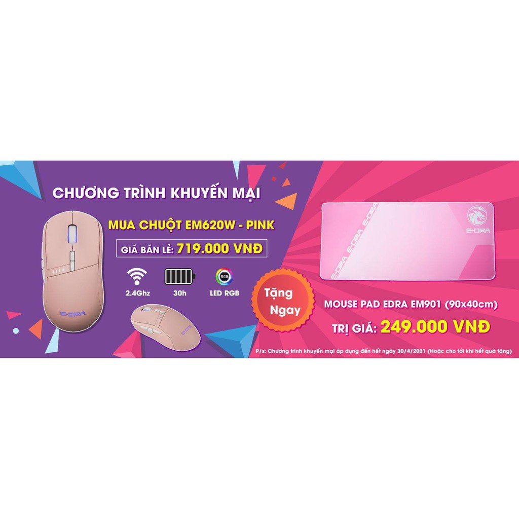 [Mã SKAMPUSHA7 giảm 8% đơn 250k]Chuột gaming E-Dra EM620W Pink - Tặng bàn di chuột E-Dra Pink (số lượng có hạn)