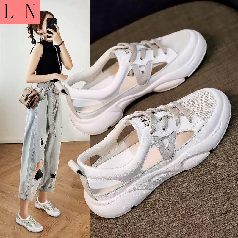 Giày Thể Thao Mùa Hè Năm 2021 Đế Bằng Hở Mũi Màu Trắng Dễ Phối Đồ Cho Nữ