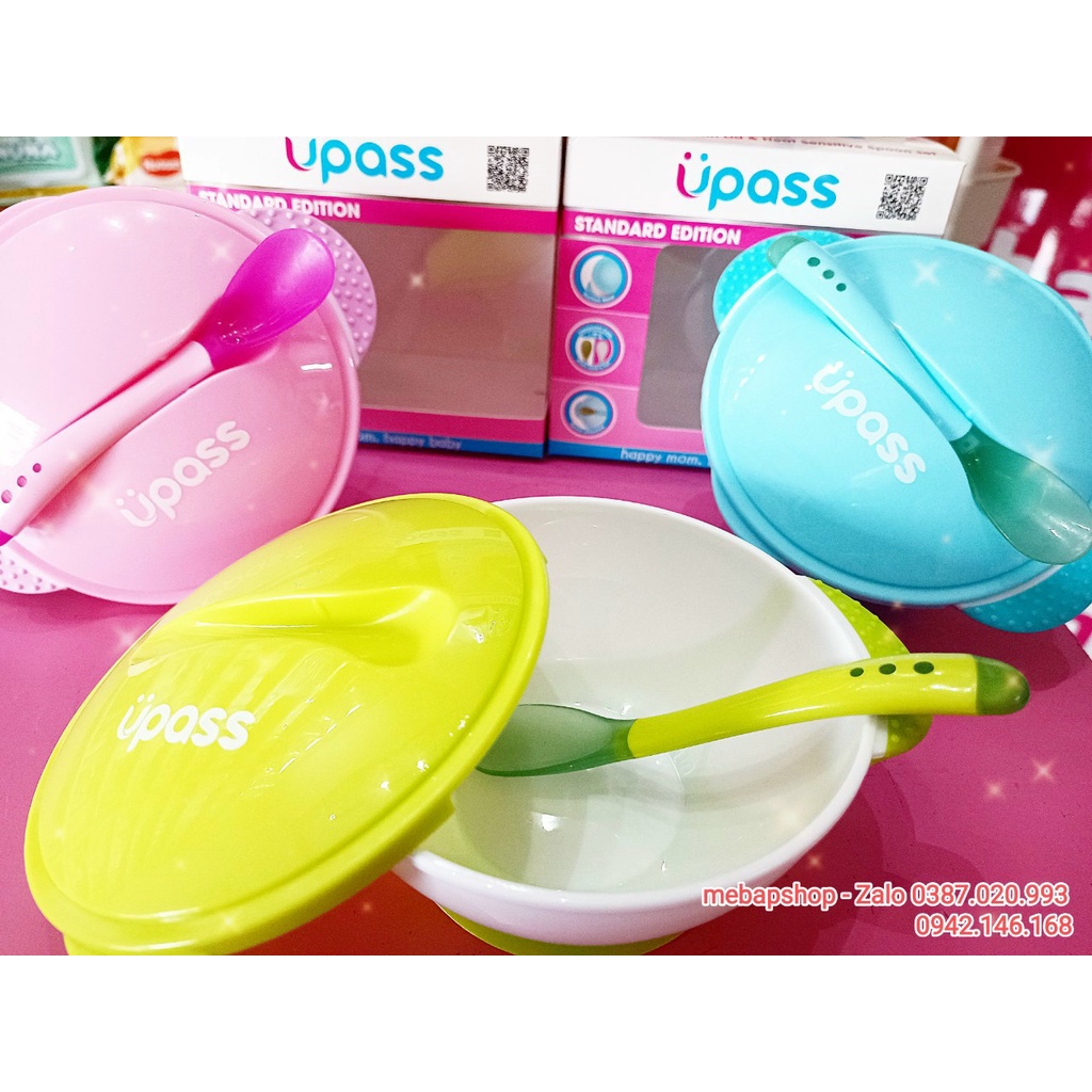 BÁT ĂN DẶM CHỐNG ĐỔ CÓ NẮP VÀ THÌA CẢM ỨNG NHIỆT UPASS
