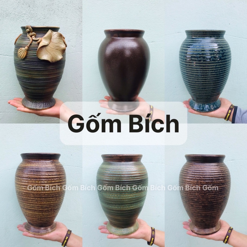 Bình Hoa Lọ Hoa Gốm Dáng Vò Chân Loe Men Mộc Cao 25cm Gốm Sứ Bát Tràng - Gốm Bích