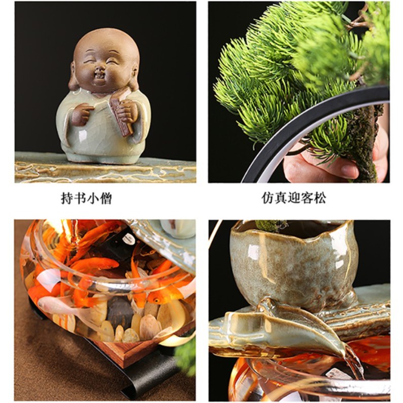 Bể cá nhỏ may mắn - Đồ trang trí nước chảy nhỏ - Đài phun nước sáng tạo có đèn LED - Thác nước phong thủy