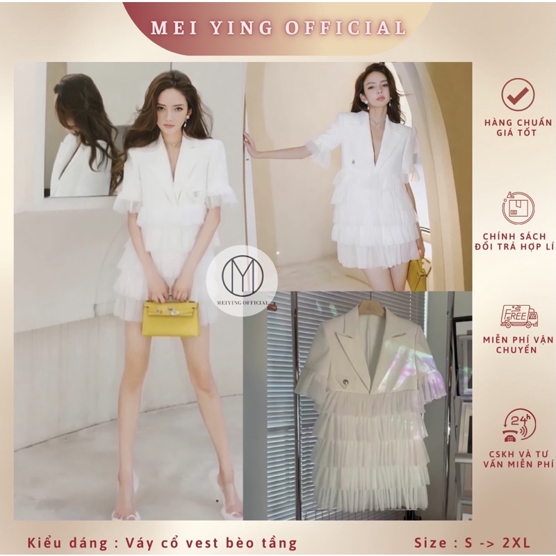 Váy bèo tầng cổ vest. Đầm trắng dự tiệc sang chảnh