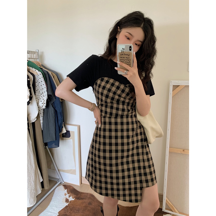 Đầm ngắn SUXI dáng chữ A họa tiết sọc caro phong cách cổ điển thời trang xuân thu xinh xắn cho nữ