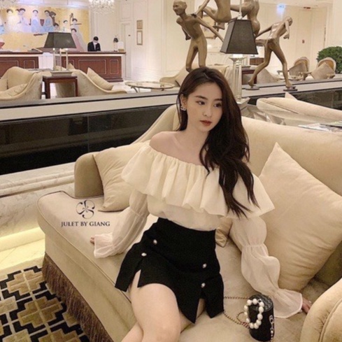 Áo trễ vai LOZADO thiết kế tay phồng 2 lớp tiểu thư xinh xắn bánh bèo A571