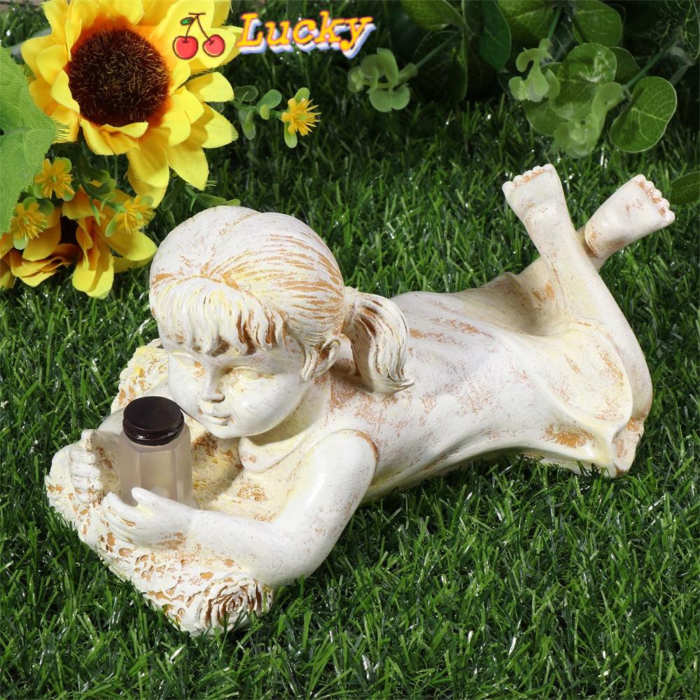 LUCKY Resin Ornament Garden Sculptures Firefly Jar Decorative Outdoor Statues Decor Children Boy Girl Solar Light