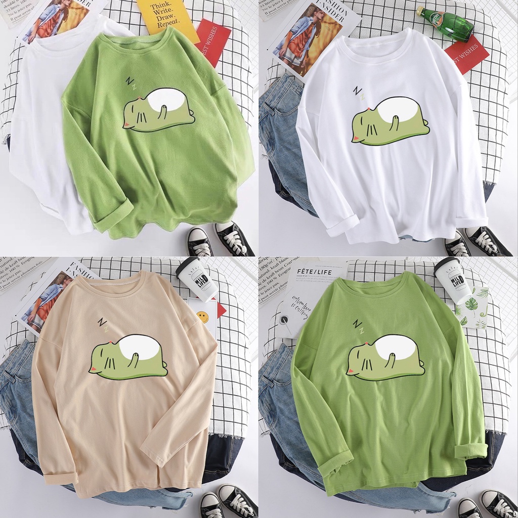 Áo thun dài tay form rộng chất cotton in hình mèo lười nằm ngủ siêu cute