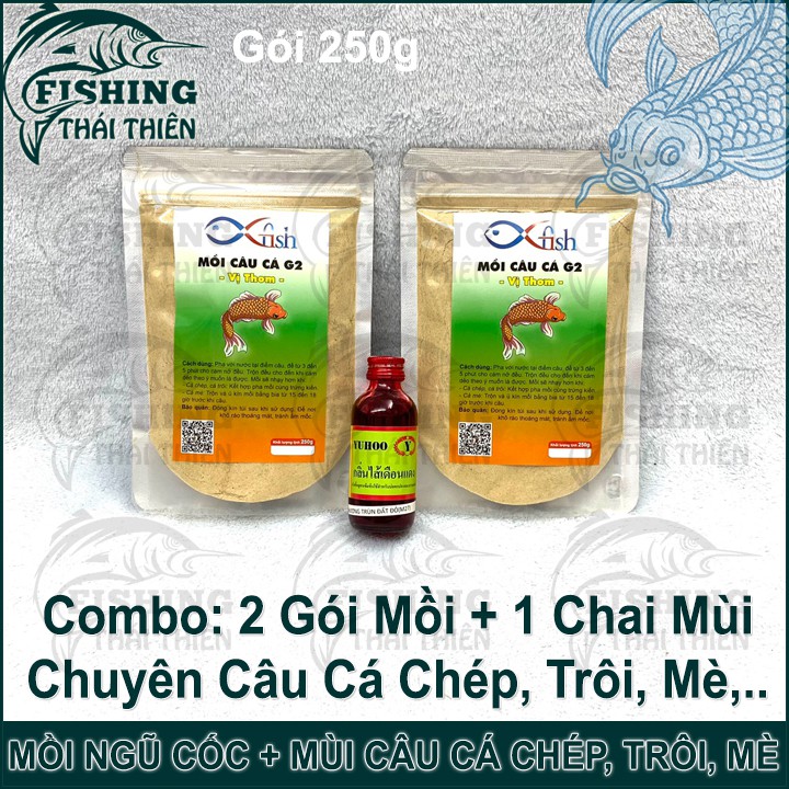 Combo 2 Gói Mồi Câu Cá Chép Trôi Mè G2 Mồi Ngũ Cốc Vị Thơm, 1 Chai Tinh Mùi Thái Lan M27