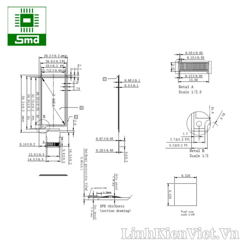 Màn hình Eink 2.13 3 màu giao tiếp SPI (212x104px đỏ, đen, trắng)