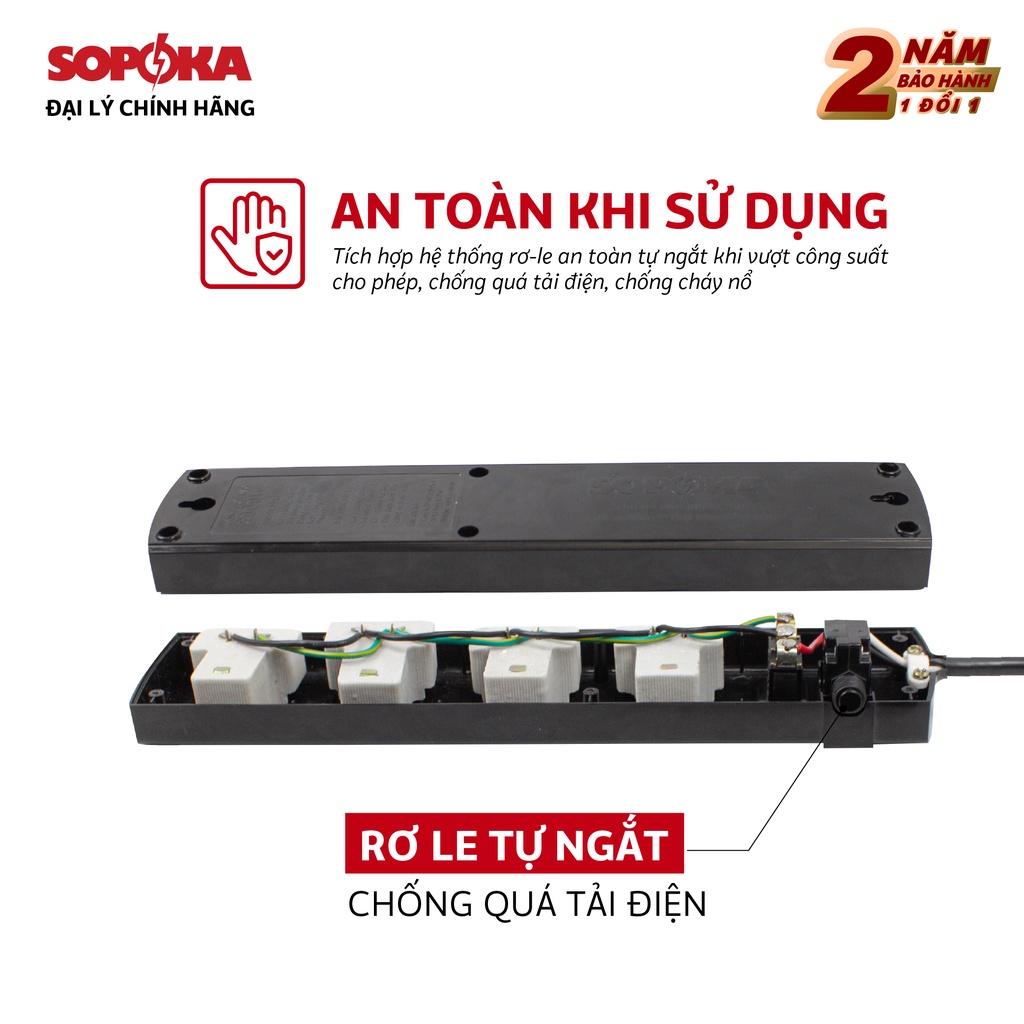 Ổ cắm điện đa năng thông minh Sopoka chịu tải 2200W 3T-5T chống va đập, chịu nhiệt, có rơ-le an toàn chống quá tải