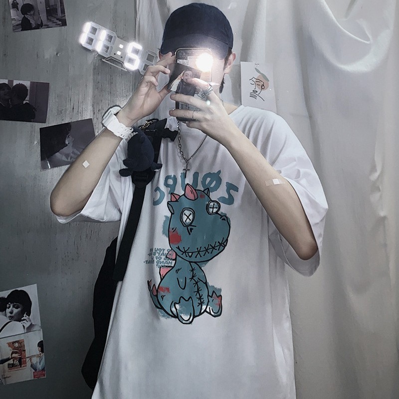 Áo Thun Tay Lỡ Unisex Áo Phông Form Rộng Nam Nữ In Hình Khủng Long Oversize Cá Tính