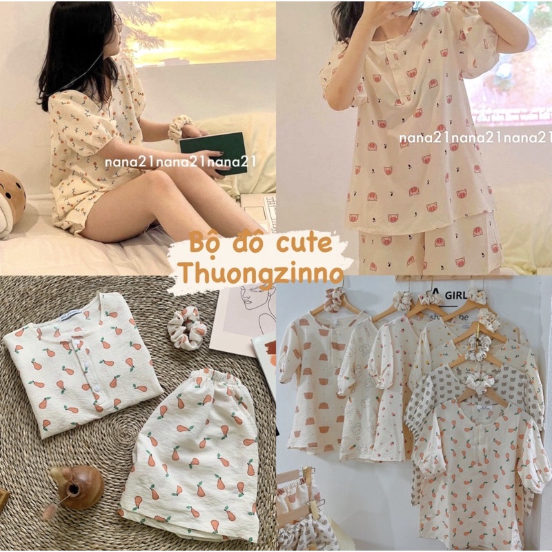 [Ảnh thật/Video]Set bộ đồ Hoạ Tiết Xinh Xắn Phong Cách ULZZANG Chất Liệu Vải Xô Thái Bộ Pijama Mặc Nhà cute hoạt hình