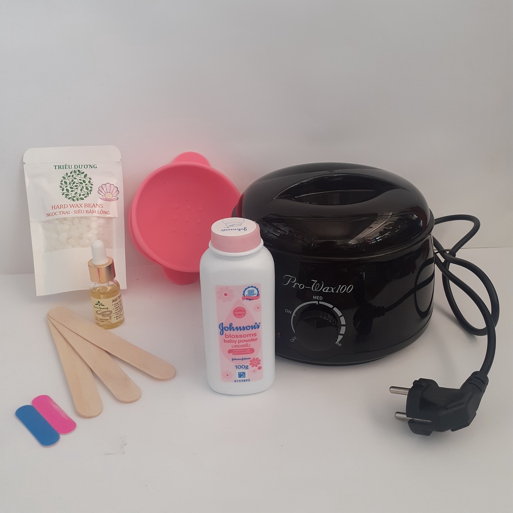 set wax lông đầy đủ:1 nồi prowax 100 + 1 gói sáp mini 50g hương thơm  + 1 chén chống dính + 1 mỡ trăn 10ml +1 phấn 100gr