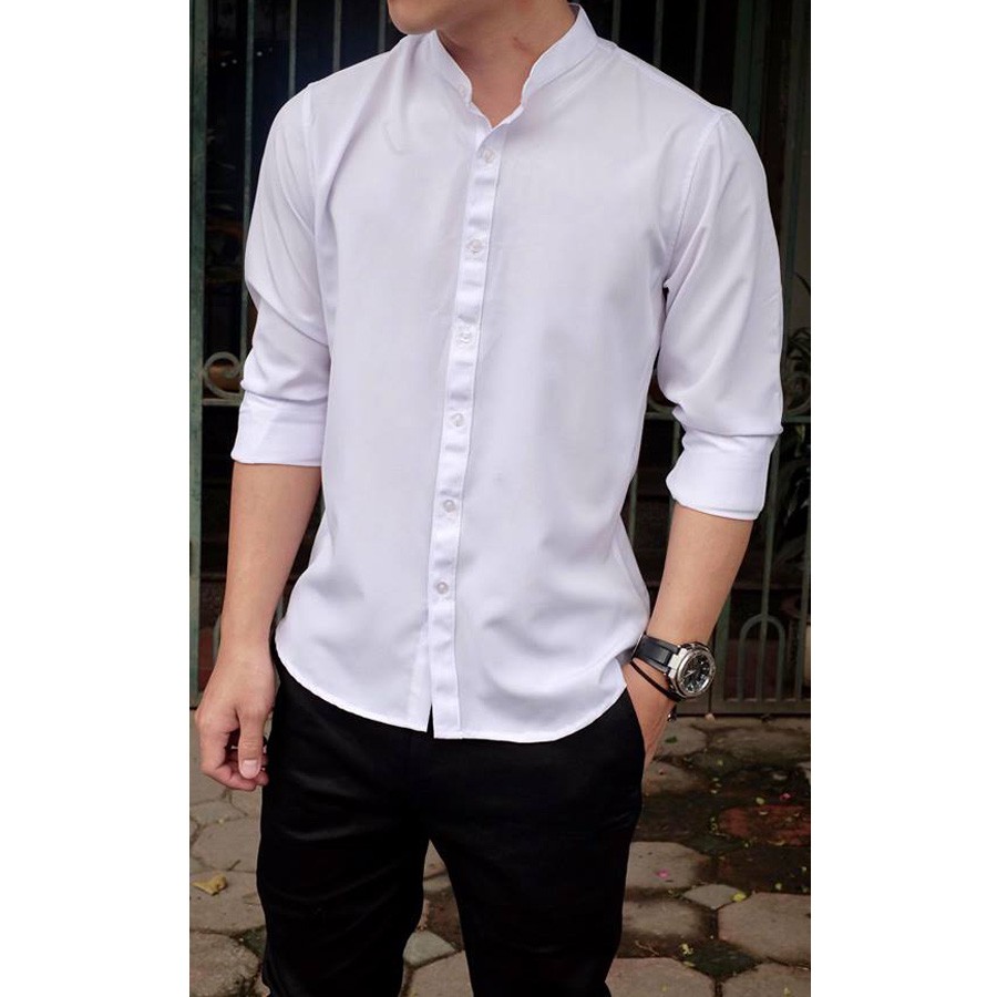 Áo Sơ Mi Lụa Nam Kiểu Dáng Cổ Tàu Trẻ Trung