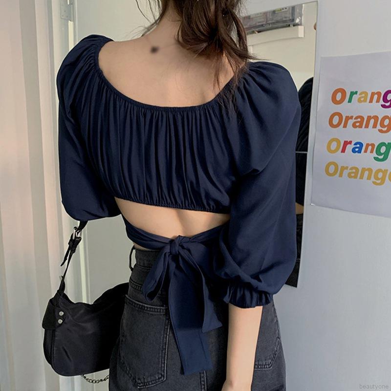 Áo Croptop Tay Dài Cổ Vuông Thiết Kế Hở Lưng Quyến Rũ