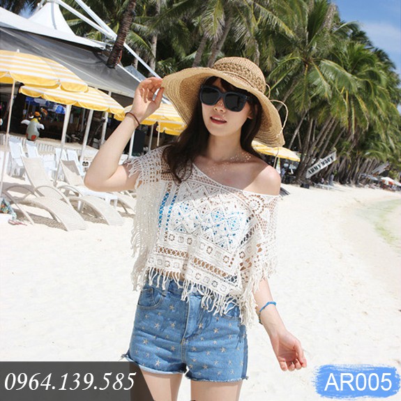 Áo ren nữ đi biển đẹp, áo lưới cánh dơi tua rua thời trang, mặc ngoài bikini, maxi, croptop... chất ren đẹp | AR005