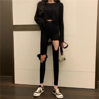 Quần Jean Đen Ống Đứng Lưng Cao Phối Rách Phong Cách Hàn Quốc Cho Nữ