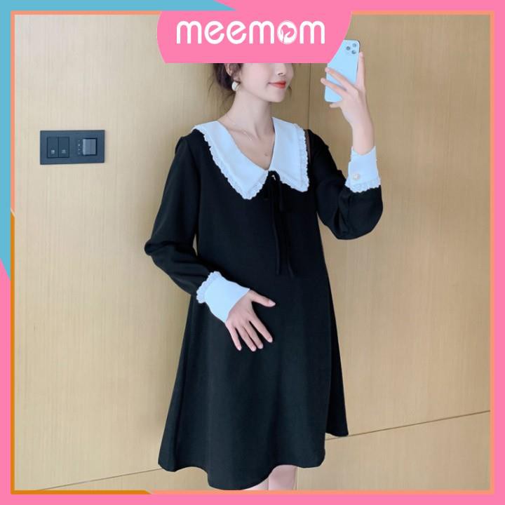 Váy bầu công sở thiết kế - đầm suông bầu màu đen cổ trắng dài tay hàng có size HD16 - Meemom
