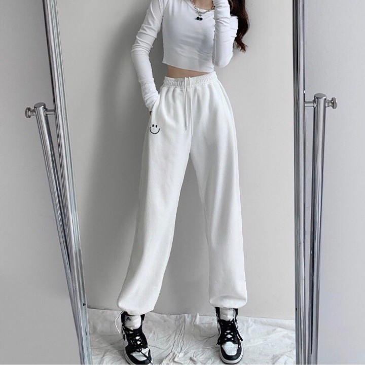 Quần Boom Ống Rộng Bo Gấu Unisex, Quần Nỉ Jogger Nam Nữ THÊU HÌNH MẶT CƯỜI Siêu Đẹp Đủ 3 Màu PIGI Store Mã 45