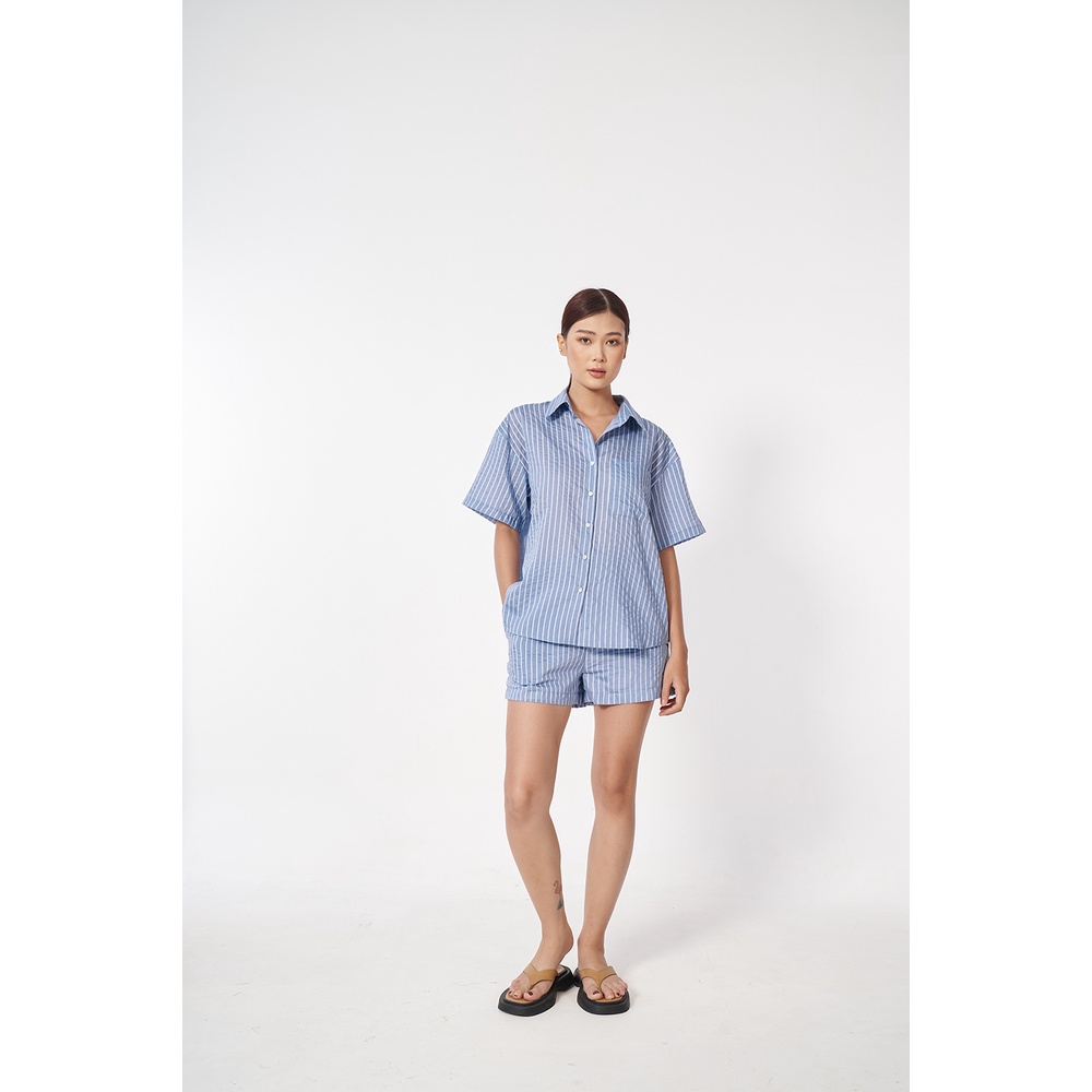 DOTTIE - Áo sơ mi ngắn tay kẻ sọc nữ xanh T0511