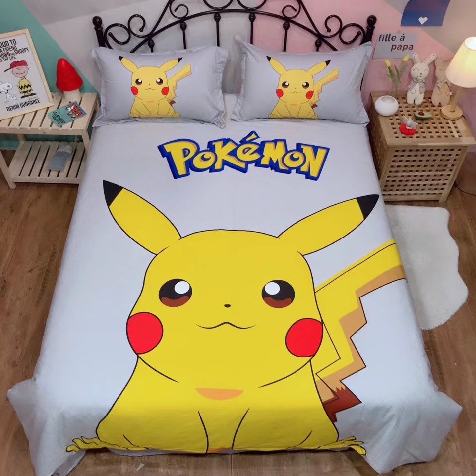 Chăn Ga Gối Cotton 5D Mẫu Pikachu Pokemon Mềm Mịn Hình Ảnh Sinh Động Cho Đệm 1m2 m4 m6 m8 2m 2m2