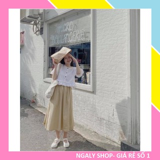 Set đồ nữ thời trang đẹp cá tính đi chơi, du lịch, đi học Chân váy xòe dài qua gối + áo sơ mi kiểu babydoll ULZZANG SVXN
